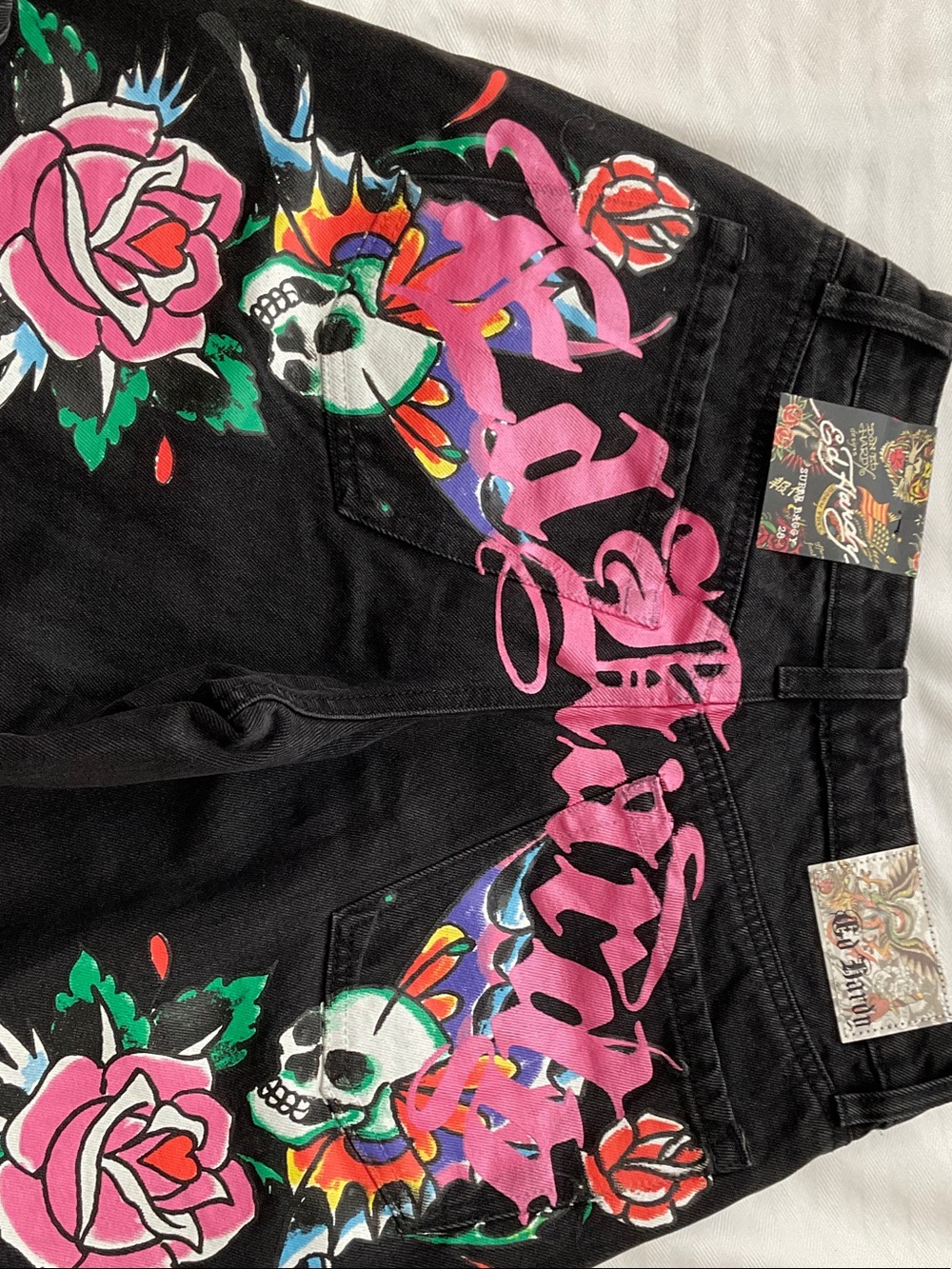 Ed Hardy Black Jeans with Pink Script, Multicolor Skull & Rose Art